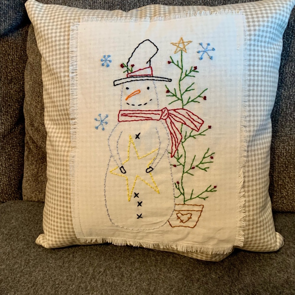 Primitive Americana Rustic Christmas Holiday Season Winter Snowman Pillow 12x12